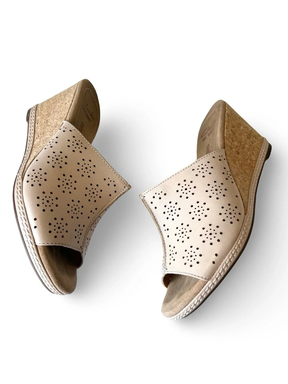 Clarks tan leather laser cut slip on cork wedges Size 6 Neutral Peep toe Summer